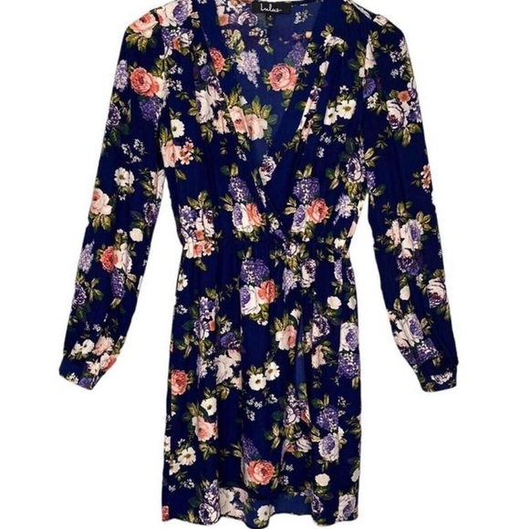 Lulus Floral Women’s Flor Long Sleeve VNeck Wrap Dress Navy Pink Size Small - Picture 2 of 5